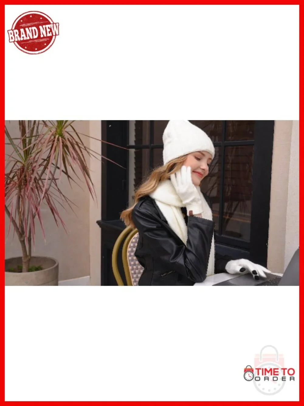 Winter Knit Beanie Hat Touchscreen Gloves Long Neck Scarf Set with Fleece Lined